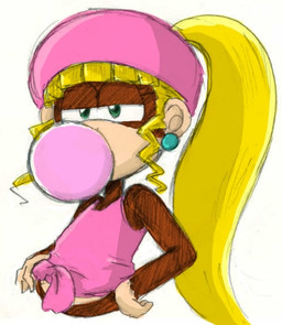 anthro blonde_hair brown_body brown_fur bubble_gum clothing female fur green_eyes hair long_hair ponytail simple_background solo white_background yuuki_71 donkey_kong_(series) nintendo dixie_kong haplorhine mammal monkey primate low_res