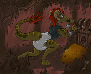 anthro big_diaper claws clothed clothing detailed_background diaper female gem gold_(metal) gold_jewelry hair horn inside jewelry lockpick lockpicking object_in_mouth pacifier pacifier_in_mouth red_eyes red_hair ruby_(gem) scales solo toe_claws treasure treasure_chest wearing_diaper splatinkle microsoft the_elder_scrolls keerha argonian scalie absurd_res digital_drawing_(artwork) digital_media_(artwork) hi_res