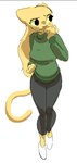 anthro black_bottomwear black_clothing black_pants bottomwear clothed clothing female fur green_clothing green_sweater green_topwear hair looking_aside outline pants pink_nose simple_background solo sweater tail topwear tuft white_background yellow_body yellow_eyes yellow_fur lolrnomic bethesda_game_studios microsoft prequel_adventure the_elder_scrolls xbox_game_studios rajirra felid feline khajiit mammal digital_media_(artwork) portrait shaded