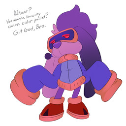 anthro clothing female footwear hair purple_hair red_eyes shoes solo sweater text topwear visor white_body at7outof10 bubsy_(series) bubsy_4d baarbee_(bubsy) bovid caprine mammal sheep 1:1 english_text
