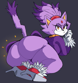 anthro big_butt black_nose bodily_fluids bottomless breasts butt clothed clothing dipstick_tail eyelashes female footwear forehead_gem gem gloves grey_background handwear high_heels huge_butt looking_at_viewer looking_back looking_back_at_viewer markings orange_eyes pouting purple_clothing purple_topwear rear_view red_clothing red_footwear red_shoes shoes simple_background solo sweat sweatdrop tail tail_markings thick_thighs topwear white_clothing white_gloves white_handwear wide_hips emboquo third-party_edit goldsden_(colorist) sega sonic_the_hedgehog_(series) blaze_the_cat domestic_cat felid feline felis mammal 2023 hi_res