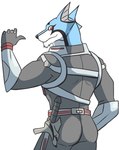 anthro black_body black_fur blue_body blue_fur butt clothing facial_hair fur gesture goatee grey_clothing grey_suit hand_gesture male pointing simple_background smile solo suit three-quarter_view weapon white_background white_body white_fur thegreatmatsutzu power_rangers doggie_kruger canid canine mammal