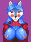 anthro blush breastless_clothing breasts cleavage_cutout clothed clothing cutout exposed_breasts female fur hair keyhole_turtleneck looking_at_viewer nipples purple_background simple_background smile solo sweater topwear turtleneck crossman alexis_crossman canid canine canis mammal wolf 2016