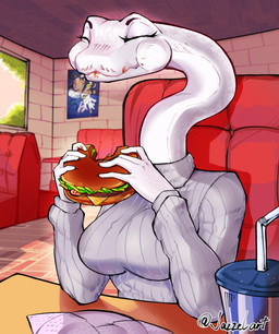 anthro beverage big_breasts breasts burger clothing eating eating_food eyelashes eyes_closed female fingers food grey_clothing grey_sweater grey_topwear inside long_neck non-mammal_breasts restaurant scales sitting smile solo sweater topwear white_body white_scales jazzelart cassie_(baronmunchausen) boa_(snake) prehistoric_species reptile scalie snake titanoboa 2025 digital_drawing_(artwork) digital_media_(artwork) hi_res