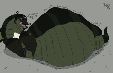 ambiguous_gender belly big_belly black_body black_clothing black_hair clothing dialogue duo feral green_belly grey_background hair horn huge_belly overweight rumbling_stomach simple_background talking_feral talking_to_prey text vore white_horn yauhasart reptile scalie snake 2025 english_text flat_colors hi_res watermark