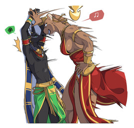5_fingers accessory anthro areola biped black_body black_fur breasts brown_body brown_fur claws clothed clothed_anthro clothed_male clothing duo egyptian egyptian_clothing egyptian_headdress female finger_claws fingers fur green_eyes kabedon kemono larger_female male navel nipples side_view size_difference smaller_male standing usekh yellow_eyes nulia elmouti harba anubian_jackal canid canine canis felid jackal lion mammal pantherine 2025 digital_drawing_(artwork) digital_media_(artwork) hi_res