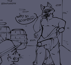 anthro athletic balls bared_teeth barrel blush bodily_fluids clenched_teeth clothed clothing clothing_aside dialogue duo erection facial_markings fur fuzzy genitals gesture grey_background grin hand_gesture hat head_markings headgear headwear holding_object holding_weapon humanoid_genitalia humanoid_penis imminent_sex looking_at_another male markings mask_(marking) mostly_nude nervous nervous_sweat nipples partially_clothed penis pointing pointing_at_self question scared sickle simple_background size_difference smile speech_bubble standing sweat teeth text weapon whiskers devfoxnsfw dreamworks puss_in_boots_(franchise) death_(puss_in_boots) puss_in_boots_(dreamworks) canid canine canis felid feline mammal wolf english_text hi_res