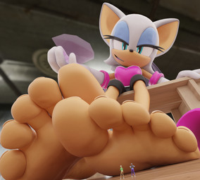 5_toes anthro extreme_size_difference feet female female/female foot_fetish foot_focus foot_play group humanoid_feet low-angle_view micro plantigrade size_difference soles toes trio dwighteisenhower sega sonic_the_hedgehog_(series) rouge_the_bat bat human mammal 3d_(artwork) digital_media_(artwork) hi_res