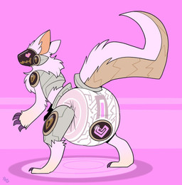 ambiguous_gender anthro big_diaper bodily_fluids claws clean_diaper clothed clothing diaper diaper_only drooling finger_claws fur glistening glistening_body gradient_fur grey_body heart_eyes heart_symbol lock_symbol logo machine multicolored_body multicolored_fur orange_inner_ear orange_tail pink_background pink_body pink_fur pink_tail protogen_visor purple_claws saliva simple_background solo spiral spiral_eyes standing tail tan_body tan_fur three-quarter_view toe_claws topless two_tone_tail wearing_diaper wetness_indicator bubblepuppers yuukari varia_(yuukari) protogen artist_logo full-length_portrait hi_res portrait source_request