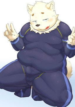 anthro balls_outline belly blush bulge clothed clothing detailed_bulge erection erection_under_clothing genital_outline humanoid_hands kemono male overweight overweight_male penis_outline simple_background skinsuit solo tight_clothing tongue tongue_out white_background white_body gattatta canid canine canis domestic_dog mammal 2015 hi_res