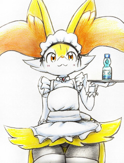 3_fingers :3 ambiguous_anthro ambiguous_gender anthro arm_tuft big_tail biped blush blush_lines bottle cheek_tuft closed_smile clothed clothed_ambiguous clothed_anthro clothing codd-neck_bottle container facial_tuft featureless_crotch fingers flat_chested frilly frilly_clothing fur hip_tuft holding_object inner_ear_fluff legwear maid_apron maid_headdress maid_uniform mouth_closed multicolored_body multicolored_fur orange_body orange_eyes orange_fur orange_inner_ear_fluff orange_nose pointy_ears prick_ears serving_tray shoulder_tuft side_view simple_background smile solo standing tail tapering_snout thigh_gap thigh_highs tuft uniform water_bottle white_background white_body white_clothing white_fur white_legwear white_thigh_highs yellow_body yellow_fur yellow_tail eiroru nintendo pokemon ramune braixen canid generation_6_pokemon mammal pokemon_(species) 2026 colored colored_pencil_(artwork) graphite_(artwork) hi_res portrait shaded three-quarter_portrait traditional_media_(artwork)