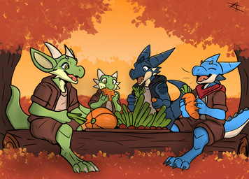 ambiguous_gender anthro autumn clothed clothing eating fall_(season) food group harvest laugh log nature plant sitting tail tapering_tail tree vegetable wood azurian kobold scalie absurd_res hi_res