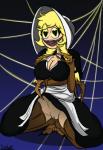 blonde_hair breasts cleavage clothed clothing dress eyelashes female genitals hair hat headgear headwear heart_eyes heart_symbol monster_girl_(genre) open_mouth pussy solo spider_web teeth tongue icebot cliffside_(series) cordie_(cliffside) animal_humanoid arachnid arachnid_humanoid arthropod arthropod_humanoid humanoid 2018