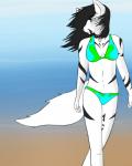 anthro beach bikini black_hair blue_eyes breasts clothing cloud collar detailed_background female fur hair heart_symbol long_hair navel outside sand seaside sky smile solo stripes swimwear two-piece_swimsuit white_body white_fur voshiket jazmine_wolfe canid canine fox mammal 4:5 hi_res