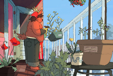 ambiguous_anthro ambiguous_gender anthro antlers balcony bare_chest barefoot belly bottomwear brown_body brown_fur building clothing door feet flower fur garden green_bottomwear green_clothing green_pants horn male overweight overweight_anthro overweight_male pants plant plant_pot railing red_flower shirtless_ambiguous sky slightly_chubby solo spraying_water tail text yellow_flower pocket-deer-art deer mammal new_world_deer reindeer english_text nonbinary_(lore)