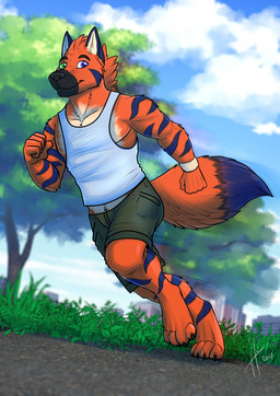 anthro black_claws blue_eyes blue_sky blue_stripes blue_tail claws clothed clothing cloud dipstick_tail fur grass green_eyes head_tuft heterochromia looking_at_viewer male male_anthro markings mouth_closed orange_body orange_fur orange_tail outside plant running sky solo striped_arms striped_legs stripes tail tail_markings toe_claws tree tuft hufnaar hyena mammal 2017 dated hi_res