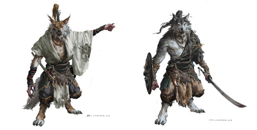 anthro barefoot brown_body brown_fur claws clothing digitigrade feet front_view fur grey_body grey_fur hair holding_melee_weapon holding_object holding_shield holding_sword holding_weapon male melee_weapon ponytail shield simple_background standing sword tail weapon white_background white_clothing yang_qi black_myth:_wukong mythology canid mammal absurd_res digital_media_(artwork) hi_res official_art