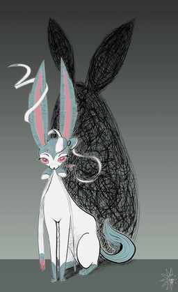 blue_body blue_ears blue_fur blue_tail eyelashes feral fur looking_at_viewer pink_body pink_ears pink_eyes pink_fur pink_sclera quadruped ribbons_(anatomy) solo tail white_body white_fur halfbaked-hope nintendo pokemon eeveelution generation_6_pokemon pokemon_(species) shiny_pokemon sylveon 2025 absurd_res hi_res signature