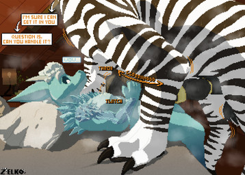 accessory animal_genitalia animal_penis anthro anthro_on_feral ball_tuft balls bed bedroom bestiality bodily_fluids claws cock_ring cock_ring_behind_knot dialogue dripping duo equine_genitalia equine_penis feral furniture genital_fluids genitals grinding_on_penis holding_penis hybrid_genitalia hybrid_penis jewelry knot knotted_equine_penis knotted_penis leaking_precum lying lying_on_bed male male/male musk on_back on_bed penis penis_accessory penis_jewelry precum precum_drip precum_on_chest presenting presenting_penis sheath size_difference speech_bubble stripes sweat sweaty_balls sweaty_body sweaty_genitalia sweaty_penis sweaty_sheath text tuft conditional_dnp kiingd zelkothezeeb mythology darius_(drgnshoard) zelko dragon elemental_creature elemental_dragon equid equine felkin hybrid ice_dragon mammal mythological_creature mythological_scalie scalie zebra digital_media_(artwork) pixel_(artwork)