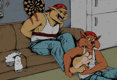 anthro appliance backwards_hat barefoot bdsm black_nose bondage bound brown_body brown_fur brown_nose brown_sofa cheek_tuft clothed clothed_anthro clothed_male clothing dartboard duo eyes_closed facial_tuft fangs feet foot_fetish footwear fridge fur fur_tuft furniture hands_behind_back hat headgear headwear kitchen_appliance laugh male pink_tongue red_clothing red_hat red_headwear restraints rope rope_bondage sitting socks socks_removed sofa teeth tickle_fetish tickle_torture tickling tickling_feet tongue tuft white_sclera white_undershirt yellow_body yellow_fur cagey_(artist) hanna-barbera swat_kats chance_furlong jake_clawson domestic_cat felid feline felis mammal hi_res