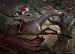 ambiguous_gender armor bridle clothing detailed_background female feral forest gauntlets gloves group hair handwear horn hunting melee_weapon mount nature night outside plant red_hair reins riding running saddle straddling sword tree weapon jason_chan hasbro magic:_the_gathering wizards_of_the_coast canid canine deer elf fox humanoid mammal official_art