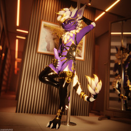 alternative_fashion animal_genitalia animal_penis anthro anthro_on_anthro armwear balls biped black_body black_fur canine_genitalia canine_penis claws clothing dancing depth_of_field dominant erection fur genitals goth grey_body grey_fur hair harness inside knot latex latex_armwear latex_clothing latex_legwear latex_thigh_highs legwear looking_at_viewer male male/male multicolored_body on_one_leg open_mouth penis pole pole_dancing purple_body purple_fur purple_penis reflection slim slim_anthro slim_male slim_sub smile solo standing submissive submissive_male tail teasing teasing_viewer thigh_highs white_body white_fur yellow_body yellow_fur dragonplayer blender_cycles_(artwork) talon_(talondragon) nardoragon 1:1 3d_(artwork) 4k absurd_res blender_(artwork) digital_media_(artwork) hi_res