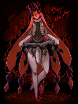 1_toe 4_fingers balls big_balls big_hands big_penis black_aura black_background black_clothing black_dress black_penis black_sclera blood blood_puddle bodily_fluids butt clothed clothing clothing_lift crossdressing dark_aura dark_body dark_skin dominant dominant_femboy dominant_male dress dress_lift ears_down evil_look eyelashes eyeshadow fantasy_ears featureless_legs feet femboy fingers flying foreskin genitals glistening glistening_genitalia glistening_penis hair half-closed_eyes head_jewelry horn humanoid_genitalia humanoid_penis jewelry long_ears long_eyelashes long_hair looking_at_viewer makeup male narrowed_eyes open_mouth penile penis personal_grooming pink_eyes pivoted_ears red_aura red_background ripples sharp_horn simple_background solo spiky_hair strand styling_hair text thick_thighs vein veiny_penis tasseya palworld pocketpair humanoid pal_(species) splatterina_(pal) unknown_species 2026 digital_drawing_(artwork) digital_media_(artwork) english_text hi_res signature url watermark