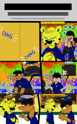 anthro blush bodily_fluids brown_body brown_fur butt cellphone clothing colorful_background dialogue earbuds electronics elevator erection erection_under_clothing fade_in frustrated fur grinding grinding_on_penis group hallway headphones laugh looking_down male male/male movie_poster nervous phone rear_view running school sweat tan_body tan_skin text tongue tongue_out trio yellow_body yellow_fur young sandune willie_and_michael alfred_tiger michael_williamson willie_munk bear felid lagomorph leporid mammal pantherine rabbit tiger comic handwritten_text hi_res multiple_scenes