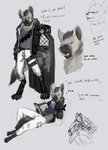 anthro bandolier belt black_body black_fur book clothing collar facial_piercing frown fur gloves grey_body grey_fur handwear male piercing reading reading_book riot_shield solo text rovak arknights hypergryph studio_montagne spot_(arknights) hyena mammal spotted_hyena english_text hi_res