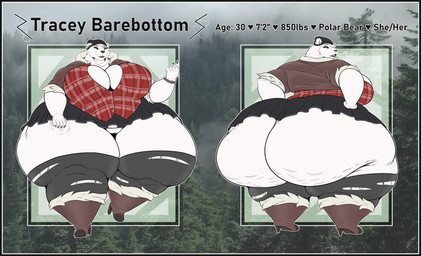 4_toes 5_fingers anthro beanie beckoning big_breasts big_butt black_border boots border bottomwear breasts butt cellulite clothed clothed_anthro clothed_female clothing curvy_figure ear_piercing feet female female_anthro fingers footwear front_view genitals gesture hair hand_on_butt hand_on_leg hand_on_own_butt hand_on_own_leg hand_on_own_thigh hand_on_thigh hat headgear headwear heart_symbol high_heeled_boots high_heels huge_breasts huge_butt huge_hips huge_thighs humanoid_hands hyper hyper_butt hyper_hips hyper_thighs inner_boob looking_at_viewer looking_back looking_back_at_viewer miniskirt nipple_outline open_clothing open_shirt open_topwear pattern_clothing pattern_shirt pattern_topwear piercing plaid plaid_clothing plaid_shirt plaid_topwear rear_view shirt shoes short_hair short_tail skindentation skirt solo stated_age stated_height stated_species stated_weight tail text thick_thighs toes topwear torn_thigh_highs voluptuous voluptuous_anthro voluptuous_female vulva white_body wide_hips skarlett_cynder_(artist) tracey_barebottom bear mammal polar_bear ursine character_name hi_res