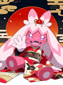 blush eyelashes female hair kemono looking_at_viewer open_mouth pink_body pink_hair purple_eyes sitting teeth tongue pocklekorpokkur nintendo pokemon generation_9_pokemon humanoid pokemon_(species) tinkaton 2025 3:4