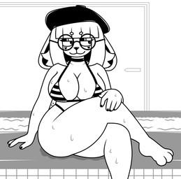 anthro bikini breasts clothing eyewear female fur glasses hair hat headgear headwear heart_symbol mime pattern_bikini pattern_clothing pattern_swimwear paws rabbit_ears raised_paw solo striped_bikini striped_bikini_bottom striped_bikini_top striped_clothing striped_swimwear stripes swimming_pool swimwear two-piece_swimsuit wearing_glasses wearing_hat wet wet_body wet_breasts wet_fur white_body white_fur white_hair lornalla bnuyu_(lornalla) lagomorph leporid mammal rabbit hi_res monochrome