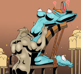 5_toes anthro barefoot bdsm blue_body blue_scales blush bodily_fluids bondage bound breasts brown_body brown_scales butt candle claws countershade_feet countershading crying_laughing cunnilingus dairy_products duo eyes_closed feet female food food_fetish food_play foot_fetish genitals hands_behind_head heart_symbol horn humanoid_feet laugh male male/female muscular nipples nude open_mouth oral plantigrade restrained restraints rope saliva scales sex sharp_teeth side_view simple_background sweat tears teeth toe_claws toes tongue vaginal vulva whipped_cream conditional_dnp zp92 haa boldr kiihra_(quintonquill) reptile scalie snake 2015 digital_media_(artwork) hi_res