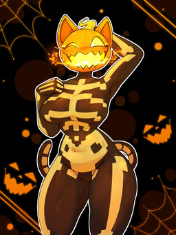anthro big_breasts bodysuit breasts clothing female for_a_head hand_behind_head one_eye_closed open_mouth pumpkin_head skinsuit solo tight_clothing wide_hips wink 87 epic_games fortnite spice_(fortnite) domestic_cat felid feline felis mammal object_head 3:4 hi_res