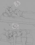 alcohol anthro bed beverage bodily_fluids boxers_(clothing) bra breasts bunk_bed clothed clothing dream drooling duo female fur furniture hair heart_boxers heart_clothing heart_symbol heart_underwear markings mole_(marking) pillow saliva scut_tail short_tail sleeping snoring tail tongue tongue_out underwear ricksteubens activision crash_bandicoot_(series) crash_team_racing_(series) crash_team_racing_nitro-fueled ami_bandicoot isabella_bandicoot bandicoot mammal marsupial hi_res monochrome