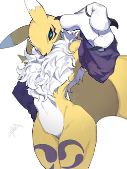 3_fingers anthro arm_tuft armwear athletic athletic_anthro black_sclera blue_eyes bridal_gauntlets cheek_tuft chest_tuft claws clothing countershade_torso countershading dipstick_tail facial_tuft female fingers fluffy fluffy_chest fur gloves_(marking) hand_on_hip leg_markings looking_at_viewer markings mostly_nude multicolored_body multicolored_fur navel neck_tuft purple_body purple_fur shoulder_tuft slim_ambiguous slim_anthro small_waist tail tail_markings thigh_markings tuft white_body white_fur wide_hips yellow_body yellow_fur yin_yang kokokokokodari bandai_namco digimon canid canine digimon_(species) fox mammal renamon 2026 3:4 digital_drawing_(artwork) digital_media_(artwork) hi_res