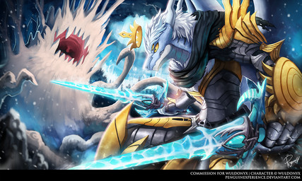anthro armor bared_teeth blue_body clothed clothing dual_wielding duo glistening glistening_eyes hair holding_melee_weapon holding_object holding_sword holding_weapon horn male melee_weapon no_sclera pupils scales slit_pupils sword text weapon white_body white_hair white_horn white_scales yellow_eyes penguinexperience mythology dragon monster mythological_creature mythological_scalie scalie 5:3 english_text url