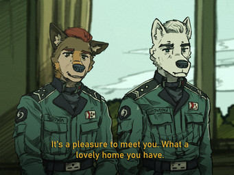 anthro clothing collar dialogue duo fur male male/male military_clothing military_uniform overbite text uniform white_body white_fur dwc dwcmarshalarts tycho_(dwcmarshalarts) xever_(dwcmarshalarts) canid canine canis domestic_dog korean_jindo mammal spitz 4:3 english_text