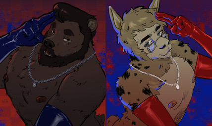 anthro beard blue_eyes chain checkered clothing eyewear facial_hair glasses gloves handwear latex male solo splatter jameslewis g_jamez alpaca bear camelid mammal absurd_res hi_res