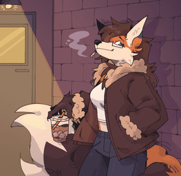 anthro beverage bottomwear brick_wall brown_hair cigarette clothing coffee container crop_top cup denim denim_bottomwear denim_clothing dipstick_tail door eyewear female fluffy fluffy_tail fur glasses hair hand_in_pocket holding_container holding_cup holding_object jacket jeans lamp leaning leaning_on_wall light_bulb markings messy_hair orange_body orange_fur pants pockets shirt smoking smoking_cigarette solo tail tail_markings tomboy topwear wall_(structure) white_body white_fur cartvage_(artist) canid canine fox mammal digital_media_(artwork) hi_res