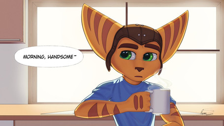 anthro brown_nose clothed clothed_male clothing coffee_cup container cup dialogue fur green_eyes kitchen male offscreen_character shirt solo striped_body striped_fur stripes text topwear yellow_body yellow_fur maximuseditor ratchet_and_clank sony_corporation sony_interactive_entertainment ratchet_(ratchet_and_clank) lombax mammal 16:9 english_text widescreen
