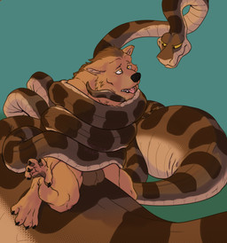 anthro anthro_prey asphyxiation balls black_claws brown_body brown_fur brown_scales claws coiling countershading dominant dominant_feral duo feral feral_pred finger_claws fur genitals imminent_vore larger_feral larger_male male male/male male_feral muscular muscular_anthro muscular_male open_mouth scales simple_background size_difference smaller_anthro smaller_male smile straddling toe_claws tongue tongue_out dominohyena the_jungle_book ghrom kaa_(jungle_book) canid canine canis indian_python mammal python reptile scalie snake wolf absurd_res hi_res