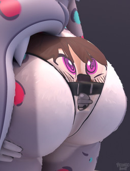 ambiguous_gender anthro bell bell_collar black_nose blue_markings bottomwear brown_hair butt butt_shot clothed clothing clothing_transformation collar duo fur grey_body grey_fur hair hand_on_butt heart_symbol inanimate_transformation markings multicolored_body panties_transformation purple_eyes red_markings spiral spiral_eyes spots spotted_markings tail transformation tuft two_tone_body underwear_transformation white_body white_fur facungo.dont shay_sins spade_(spadethasnep) deer felid mammal pantherine snow_leopard hi_res