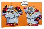 anthro belly belt biceps championship_belt flexing fur grey_body grey_fur horn male musclegut muscular nipples pecs solo text wrestler otterrick kings_of_hell enfer_belial bovid caprine demon goat mammal english_text hi_res