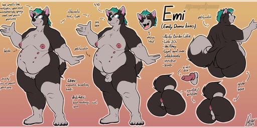 animal_genitalia animal_penis animal_vulva anthro balls canine_genitalia canine_penis canine_vulva female genitals gynomorph intersex knot knotted_penis obese overweight penis sheath small_penis solo text vulva manyakuma emily_(peach_embers) akita border_collie canid canine canis collie domestic_dog herding_dog mammal pastoral_dog sheepdog spitz english_text hi_res model_sheet trans_(lore) trans_woman_(lore)