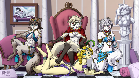 abs anthro arms_bent barefoot bedroom_eyes belly_dancer bent_arm bent_legs blonde_hair blush bottomwear bracelet breasts brown_hair calves_up cape cape_only casual_exposure chain chair chest_tuft cleavage clothed clothed/nude clothed_female clothing collar crossed_legs crossgender crown digitigrade divan extended_arm extended_arms featureless_breasts feet female fluffy fluffy_tail fur furniture gloves_(marking) group hair half-closed_eyes hand_on_knee hand_on_leg hand_on_own_knee hand_on_own_leg harem harem_outfit headgear holding_knee holding_leg ineffective_clothing inside jewelry kneeling leg_markings leg_over_edge leg_over_thigh loincloth long_tail looking_at_viewer lounging lying markings midriff mostly_nude mtf_crossgender narrowed_eyes navel necklace nude on_front on_sofa over_edge painting_(object) paws raised_calf resting_arm sculpture seductive sitting skimpy slim smile socks_(marking) sofa spots spotted_body spotted_fur statue tail tail_over_edge throne tiara translucent translucent_clothing tuft white_hair heresy_(artist) twokinds adira_riftwall clovis_(twokinds) kathrin_vaughan lilith_(twokinds) natani raine_silverlock canid canine canis felid feline fox hybrid keidran mammal wolf 16:9 2019 digital_media_(artwork) hi_res shaded widescreen
