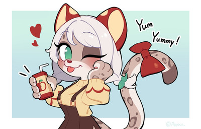 accessory anthro apple apple_juice apron bendy_straw beverage black_claws black_text bow_ribbon braided_hair brown_apron brown_clothing chibi claws clothing drinking_straw eyelashes female food fruit furgonomics green_eyes hair hair_accessory hair_tie juice_(beverage) juice_box leopard_spots long_eyelashes long_hair long_tail one_eye_closed pawpads pink_pawpads plant red_bow red_ears ribbons simple_background solo spots tail tail_accessory tail_bow tail_ribbon tan_inner_ear text topwear white_hair wink yellow_clothing yellow_topwear appoco pomchet_(appoco) felid mammal pantherine snow_leopard 2026 digital_drawing_(artwork) digital_media_(artwork) english_text hi_res