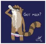 anthro balls border clothed clothing drinking drinking_milk flaccid foreskin genitals humanoid_genitalia humanoid_penis male milk partially_clothed partially_retracted_foreskin penis pink_clothing pink_underwear solo underwear underwear_down white_border fudatsu cartoon_network got_milk? regular_show rigby_(regular_show) mammal procyonid raccoon hi_res meme