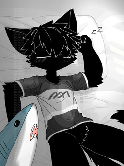 anthro bed black_body black_fur black_hair blush bottomless cat_tail clothed clothing crotch_tuft fur furniture hair lying lying_on_bed male on_bed plushie shark_plushie sleeping solo tail topwear tuft bikabe3m ikea blahaj katsuroki_(bikabe3m) domestic_cat felid feline felis mammal 3:4 digital_media_(artwork) watermark