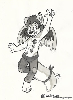 accessory anthro band-aid band-aid_on_face band-aid_on_nose bandage bandage_on_face bandage_on_nose bottomwear clothed clothing ear_piercing ear_ring feathered_wings feathers front_view furgonomics hair male pants patreon_logo paw_markings piercing ring_piercing short_hair simple_background solo tail tail_accessory tailband text topless wings young young_anthro young_male pandapaco patreon canid canine mammal monochrome url